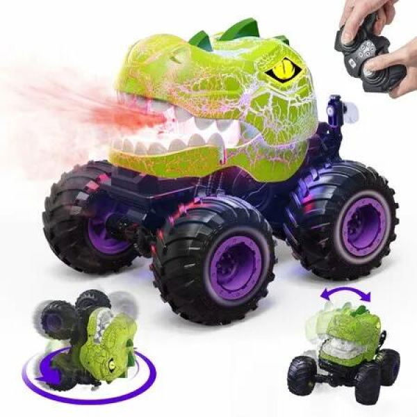 RC Stunt 360 Degree Rotating Car Dino Monster Truck Toys with Spray,Light,Sound,2.4GHz All Terrain RC Cars for Boys Age 4+