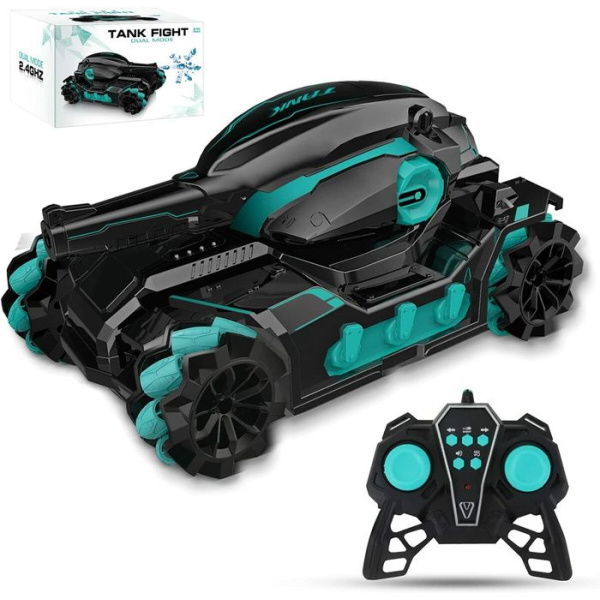 RC Tank Car 12km/h For All Terrains Launch Water Bomb 2.4GHz Car With 180° Shooting 360° Rotating Road 4WD Age 6-8 (Black-Green)