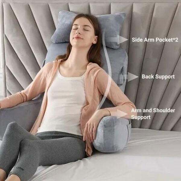 Reading Pillow, Large Back Pillow for Sitting Up in Bed,Back Support Pillow with Shredded Memory Foam, Sit Up Pillow with Arms, Pockets and Washable Cover