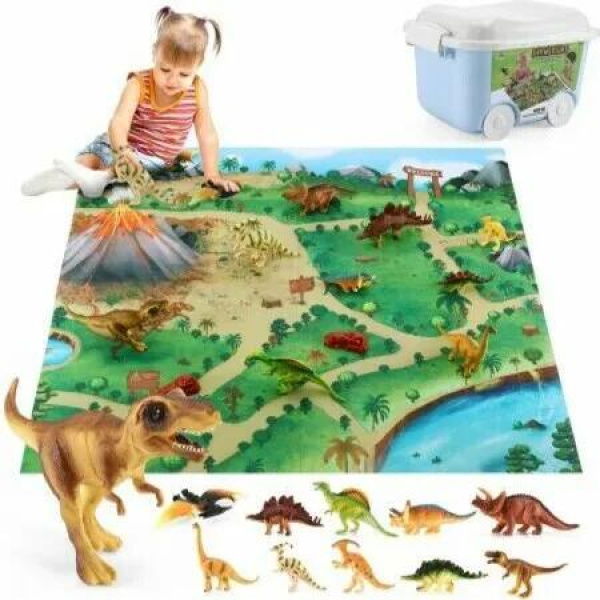 Realistic Dinosaur Playset Activity Play Mat Figures Tyrannosaurus Triceratops Trees Rock Interactive Kids 3+ 20Pcs