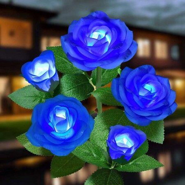 Realistic LED Solar Powered Rose Lights Flower Stake Waterproof Solar Decorative Lights For Patio Pathway Courtyard Garden Lawn (Blue)