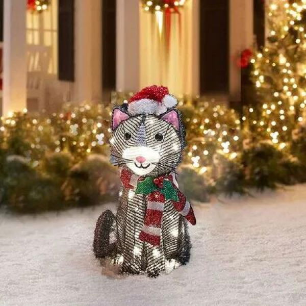 Realistic Sculpture Cat Stake Christmas Decor Light Up Garden Ornament Acrylic Yard Pathway Backyard Lawn Landscape Outdoor Festive Illuminated