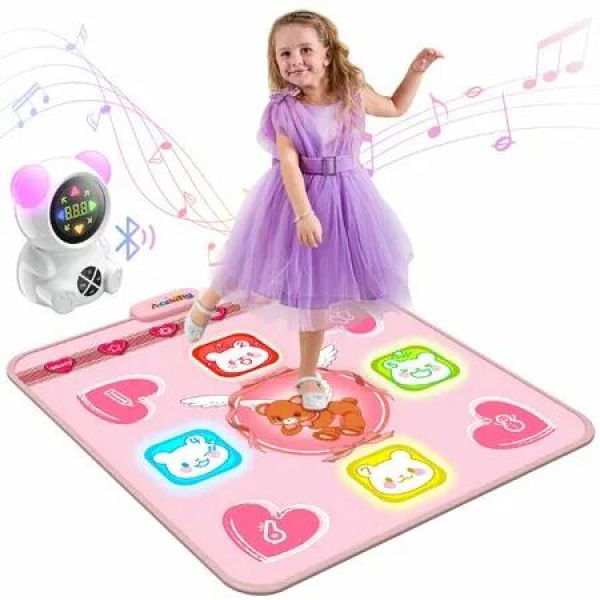 Rechargeable Dance Music Mat Light-Up Electronic Dance Pad with Wireless Bluetooth,5 Game Modes,Adjustable Volume LED Lights for Kids(Pink)