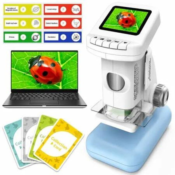 Rechargeable Digital Microscope for Kids 120X-1200X Zoom Handheld Pocket Microscope with 2 Inch LCD Screen Photo Video STEM Educational Science Kit,Blue