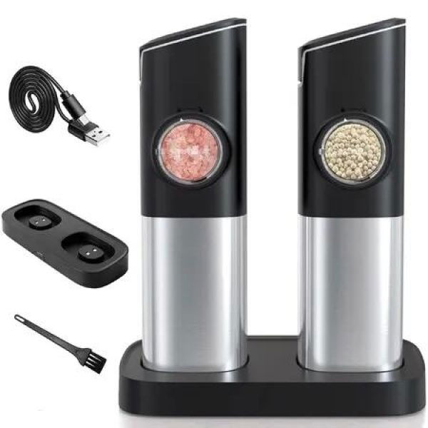 Rechargeable Electric Salt and Pepper Grinder Set with Dual Charging Base, Adjustable Coarseness, and Automatic Dust Lids