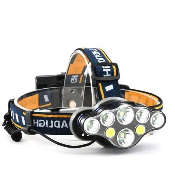 Rechargeable Headlamp: 8 LED, 18000 Lumen, Lightweight USB Headlight with 8 Modes, Waterproof for Running, Hunting, and Camping (Yellow)