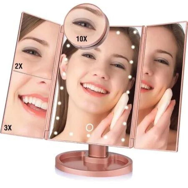 Rechargeable LED Makeup Mirror with 1X/2X/3X/10X Magnification,With Touch Control To Adjust Brightness,Color Rose