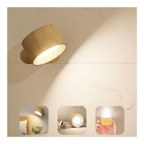 Rechargeable LED Wall Sconce Wall Mounted Light with USB Port 3 Colour Temperatures 3 Brightness Levels 360 Degree Magnetic Rotation Cordless Wood Finish