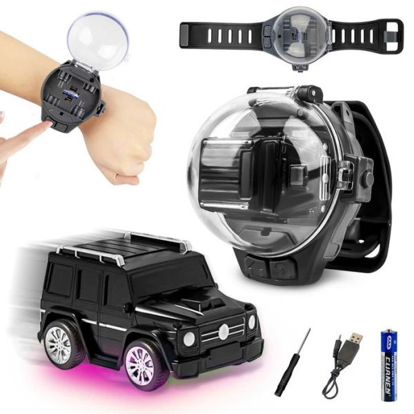 Rechargeable Mini Watch Remote Control Car 2.4 GHz Watch Racing Car Toy With USB Charging For Kids Interactive Toys - Black.