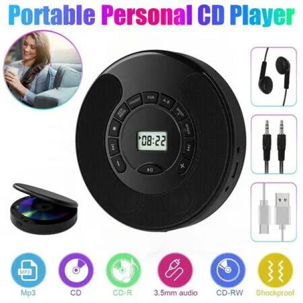 Rechargeable Portable CD Player MP3 With Dual Bluetooth Dual Speakers LCD Display For Car Home AUX USB Mode Color Black