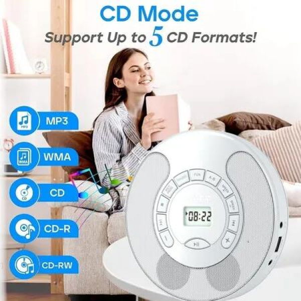 Rechargeable Portable CD Player MP3 With Dual Bluetooth Dual Speakers LCD Display For Car Home AUX USB Mode Color White