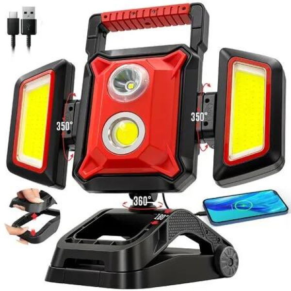 Rechargeable Work Light with Foldable 360 Degree Rotatable Floodlights Big Clamp 5 Light Modes,Portable Work Lights for Workshop Car Repairing