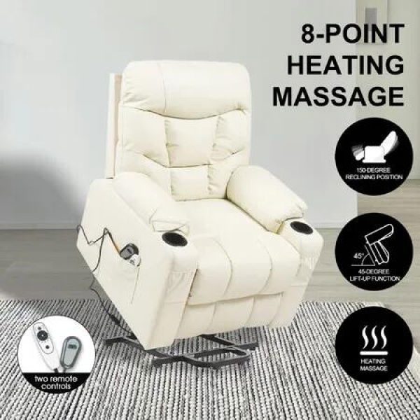 Recliner Massage Chair Single Sofa Electric Power Lift Riser Leather Armchair 8 Point Heat Massaging Lounge Elderly Senior Mobility Assisted Furniture