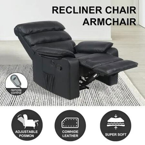 Recliner Massage Chair Sofa Single Reclining Armchair Heating Lounging Couch Black Leather Footrest Ergonomic Living Room Furniture Charging Port
