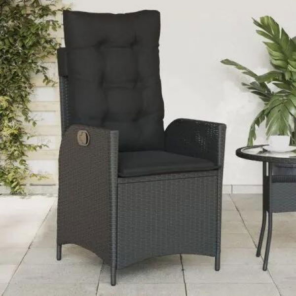 Reclining Garden Chair with Cushions Black Poly Rattan