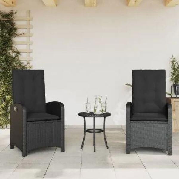 Reclining Garden Chairs 2 pcs with Cushions Black Poly Rattan