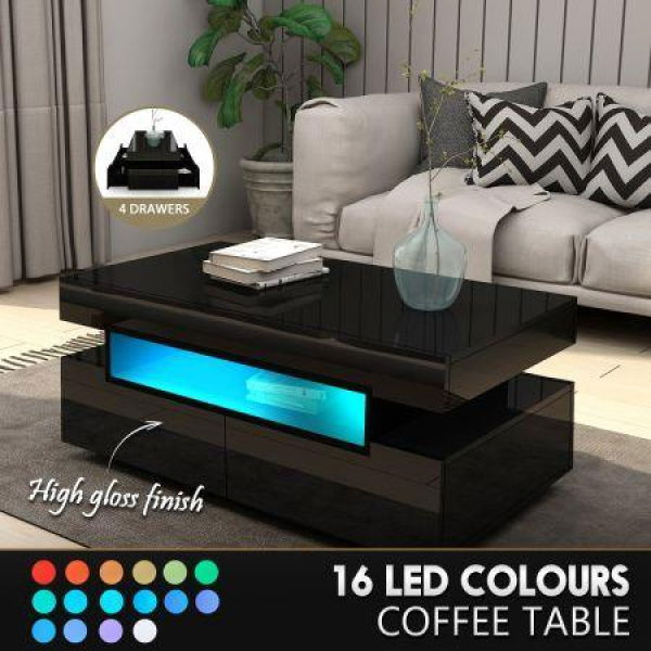 Rectangle Modern High Gloss Coffee Table 4 Drawer Storage Unit Furniture With Shelves LED Lights Black