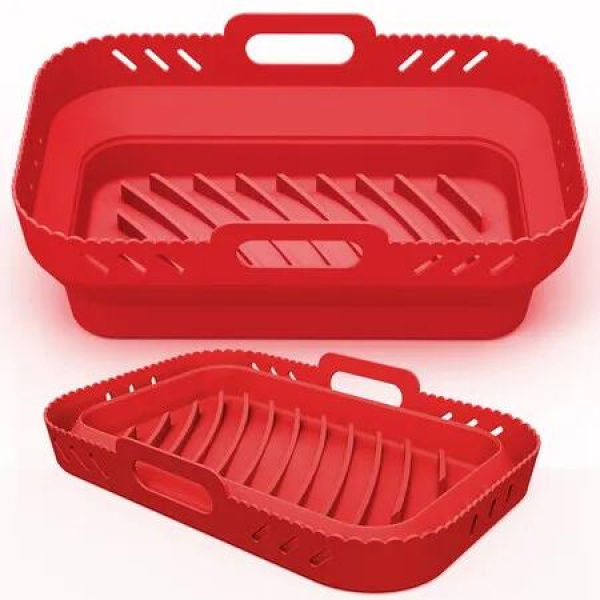 Red 2 Pack Foldable DualZone Air Fryer Silicone Baking Tray Rectangular Basket Suitable For Ninja DZ201DZ302