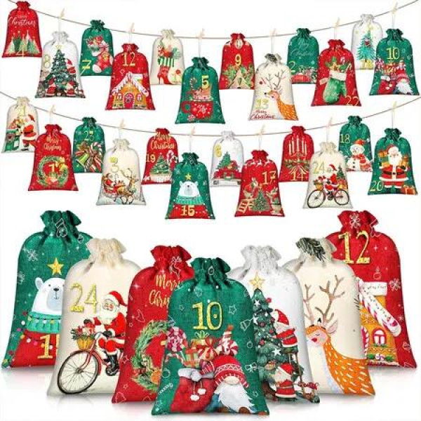 Red And Green Christmas Theme 24PCS Christmas Advent Calendar Bag Ideal For Christmas Countdown And Festive Events