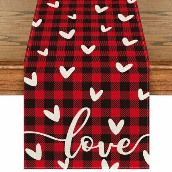 Red Black Buffalo Plaid Love Valentines Day Table Runner,Seasonal Anniversary Kitchen Dining Table Decoration for Home Party Decor 13x72 Inch