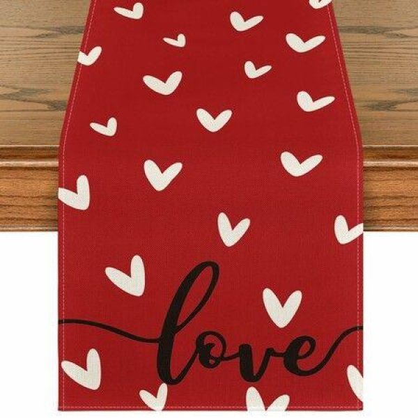 Red Love Valentines Day Table Runner,Seasonal Anniversary Kitchen Dining Table Decoration for Indoor Home Party 13x72 Inch