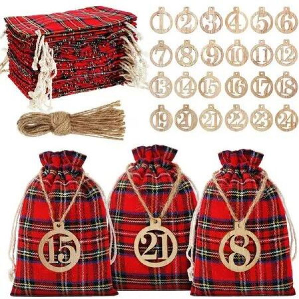 Red Plaid Theme 24PCS Christmas Advent Calendar Bag Ideal For Christmas Countdown And Festive Events