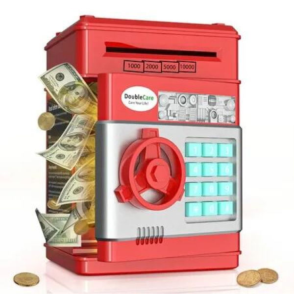 (Red)Electronic Password Piggy Bank Cash Coin Can Auto Scroll Paper Money Saving Box Toy for 6 7 8 9 10 11 12 Years Old Kids Gifts