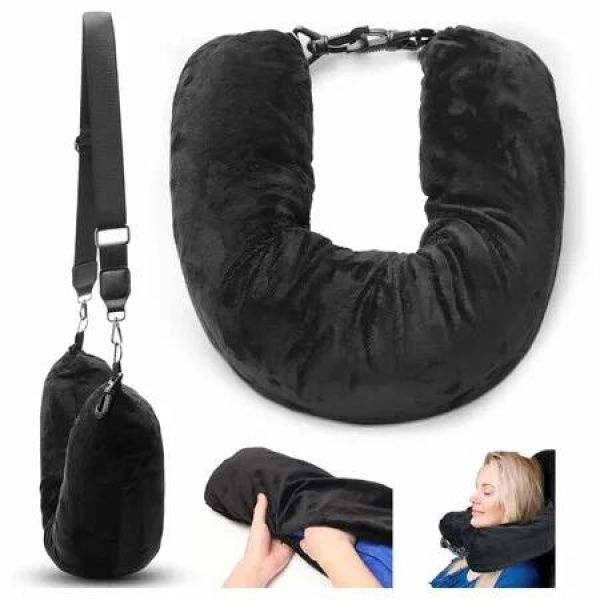Refillable Travel Pillow Stuffed with Clothes,Soft and Transformable Travel Pillow,Expandable Neck Pillow,For Travel Car,Home,Office,Flight,Black