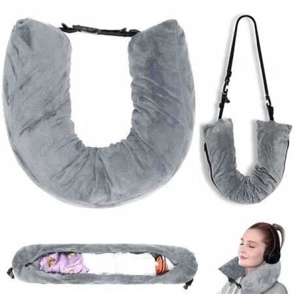 Refillable Travel Pillow Stuffed with Clothes,Soft and Transformable Travel Pillow,Expandable Neck Pillow,For Travel Car,Home,Office,Flight,Grey
