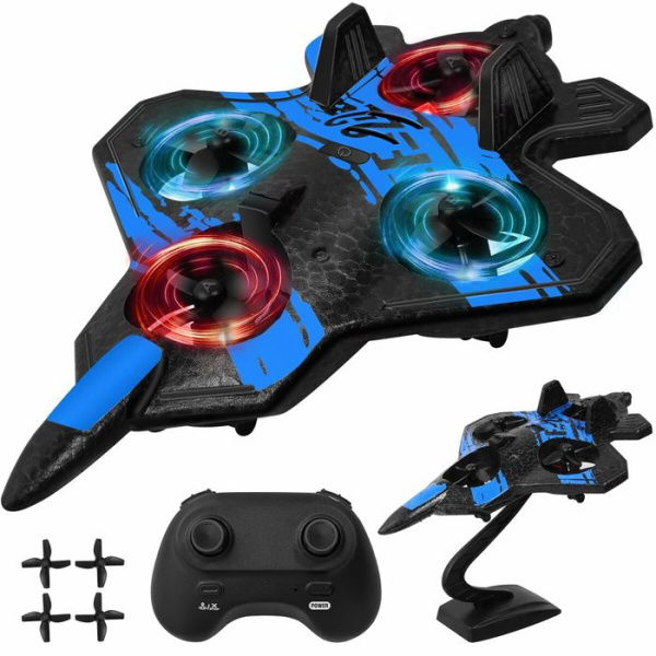 Remote Control Airplane For Beginners 2.4GHz V17 Jet Fighter Stunt RC Airplanes ABS 3D Flip Stunt Roll Cool Light 2 Batteries RC Planes For Kids Age 3+ Blue