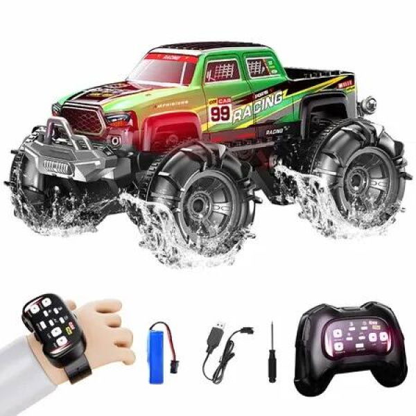 Remote Control Amphibious Monster Truck, 2-in-1 2.4GHz Dual Control with Watch Controller 360 Degree Rotating RC Car with LED Lights,Racing