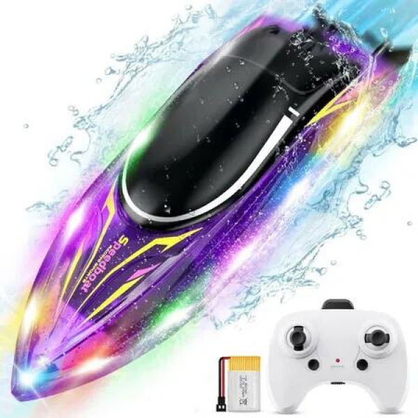 Remote Control Boat 2.4 GHZ Racing Boats with LED Light,Rechargeable Battery for LakePool Toys Gifts for Boys Girls