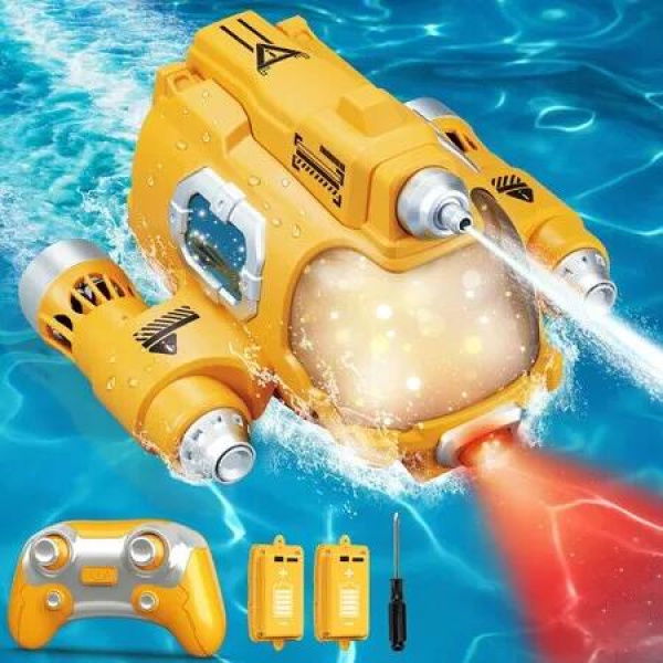 Remote Control Boat for Kids,2.4GHZ Mini RC Boat with Spray Water Pump and Led Lights Lakes & Swimming Pool Toys,Age3+,2 Rechargeable Batteries (Yellow)