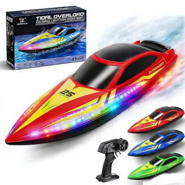 Remote Control Boat with 7-Mode Colorful LED Lights,15KM/H High Speed Auto Flip Recovery,Pool & Lake Racing Gifts for Kids Red