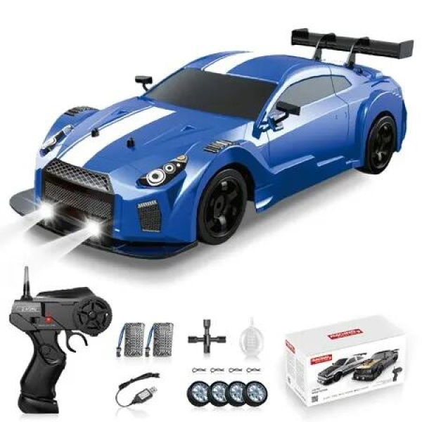 Remote Control Car 1:16 2.4GHz 4WD RC Drift Car,Rechargeable 18KM/H+ High Speed RC Cars Racing Car with Spray,Cool Lights,Two Batteries and Extra Tires Toy Car (GTR)