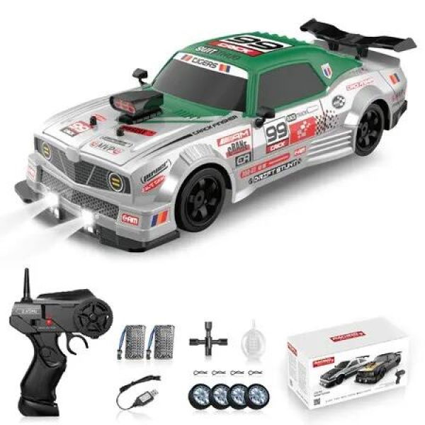 Remote Control Car 1:16 2.4GHz 4WD RC Drift Car,Rechargeable High Speed RC Cars with Spray,Cool Lights,Two Batteries and Extra Tires Toy Car (Green)