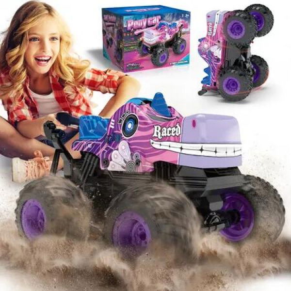 Remote Control Car, 2.4Ghz All Terrain Pony Monster Truck Toys, RC Truck with Music, 360 Degree Stunt Capable, Toy Gifts for Boys and Girls (Purple)