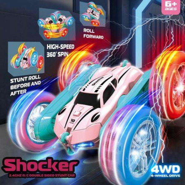 Remote Control Car 2.4Ghz Double Sided 360Â° Rotating RC Crawler with Lights 4WD Off Road Drift RC Stunt Race Car Gift Toy for Aged 6+(Pink)