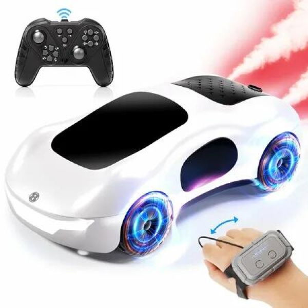 Remote Control Car 2.4GHz Gesture Sensing RC Sunt Car with Lighting, Spray 360 Degree Rotating Side Drift Cars for Kids(White-2* Rechargeable Batteries)