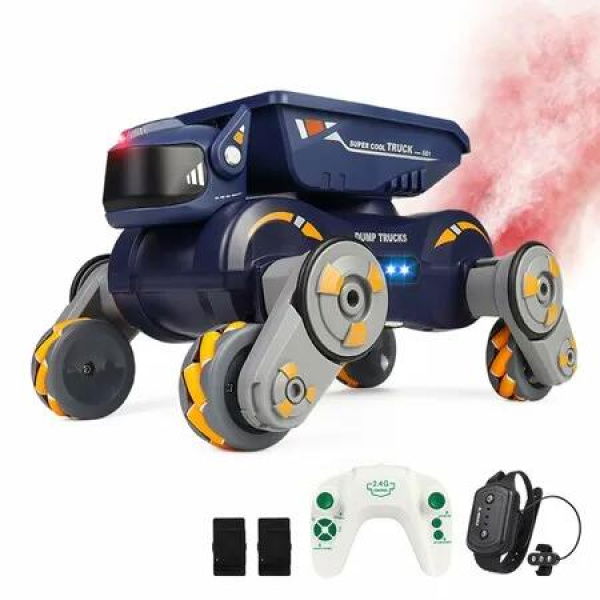 Remote Control Car 2.4GHz RC Robot Dog Toy with Spray Lights Music 360 Degree Rotating 8 WD Gesture Sensing Stunt Car Toy Gifts for Kids