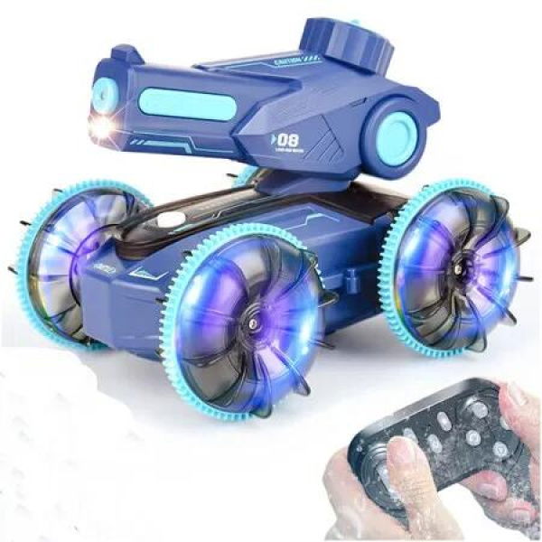 Remote Control Car Amphibious Gesture RC Cars for Kids, Waterproof 4WD RC Stunt Car with Lights, Water Shooting RC Tank Toys Gift for Boys Girls, Blue