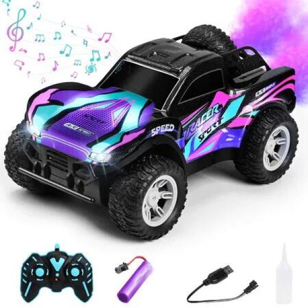 Remote Control Car for Boys Girls, All Terrain Rechargeable Remote Control Truck, 2.4GHz RC Monster Truck with Light and Spray, Purple