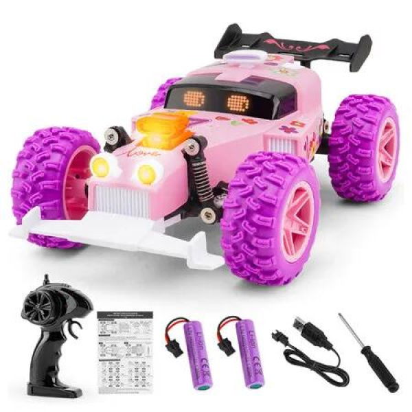 Remote Control Car for Girls, RC Race Car Girl Toy with Colored Lighting Eyes, 2.4GHz RC Toy Vehicle for Boys Girls Age 4 and Up, Pink