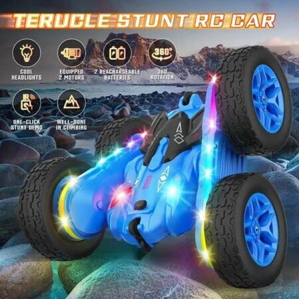 Remote Control Car, RC Car Toys with Lights and Headlights Car Toys Double-Sided 360 Degree Rotating 4WD Drift Truck for Boys Girls Birthday Gift (Blue)