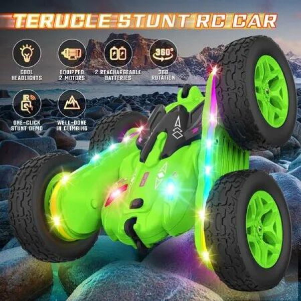 Remote Control Car, RC Car Toys with Lights and Headlights Car Toys Double-Sided 360 Degree Rotating 4WD Drift Truck for Boys Girls Birthday Gift (Green)