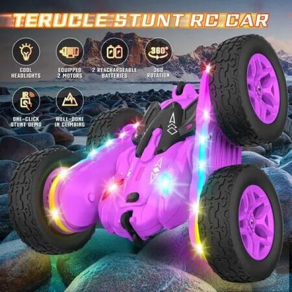 Remote Control Car, RC Car Toys with Lights and Headlights Car Toys Double-Sided 360 Degree Rotating 4WD Drift Truck for Boys Girls Birthday Gift (Purple)