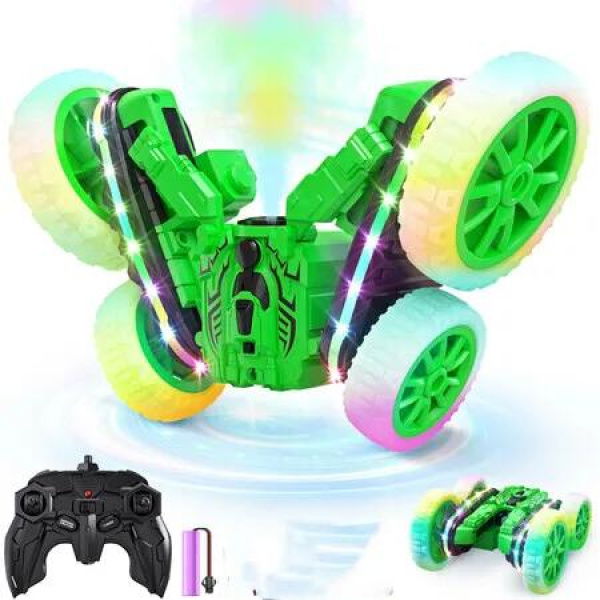 Remote Control Car with Sides Light and Headlights,360 Degree Rotating 4WD Spray 2.4Ghz All Terrain Toy Car for Age 4-7-Green