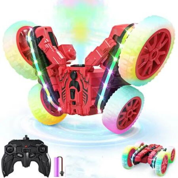 Remote Control Car with Sides Light and Headlights,360 Degree Rotating 4WD Spray 2.4Ghz All Terrain Toy Car for Age 4-7-Red