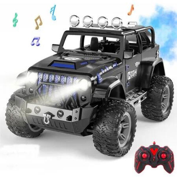 Remote Control Car with Spray, Lights and Sound, 2.4GHz Remote Control Truck for Boys and Girls, All Terrain Off Road RC Car Jeep, Black