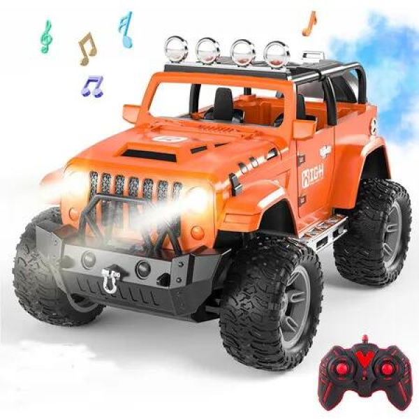 Remote Control Car with Spray, Lights and Sound, 2.4GHz Remote Control Truck for Boys and Girls, All Terrain Off Road RC Car Jeep, Orange